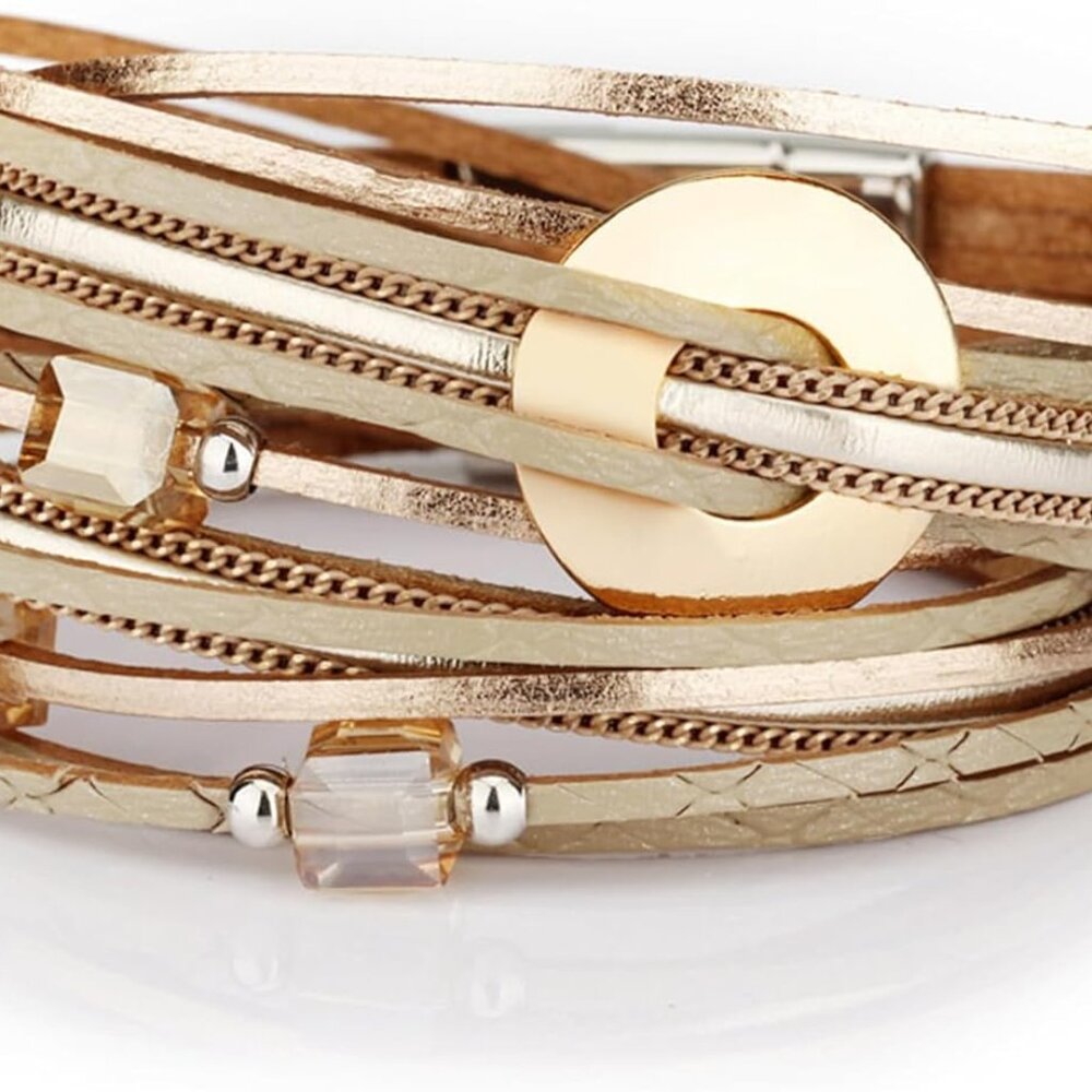 Leather Wrap Bangle Bracelets - Trendy Boho Stackable Crystal Bead Bracelets For